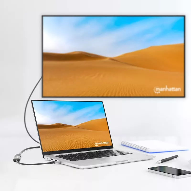 Manhattan USB-C uz HDMI kabelis, 4K@60Hz, 5 Gbps (USB 3.2 Gen1 jeb USB 3.0), 15cm, melns, vīriešu uz sieviešu, trīs gadu garantija