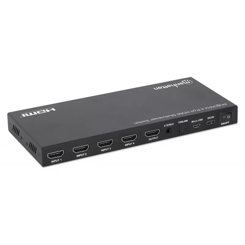Manhattan 4K 4-Port HDMI Multiviewer Switch, Switch with Four Inputs on One Display, 4k@30Hz, Multiple Viewing Options Including Picture-in-Picture and Dual/Quad Screen, Push Button or Remote Control, 3.5mm and Toslink Audio, Melns, 3 Year Warranty