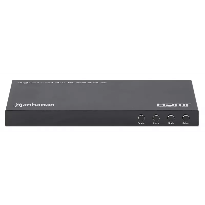 Manhattan 4K 4-Port HDMI Multiviewer Switch, Switch with Four Inputs on One Display, 4k@30Hz, Multiple Viewing Options Including Picture-in-Picture and Dual/Quad Screen, Push Button or Remote Control, 3.5mm and Toslink Audio, Melns, 3 Year Warranty
