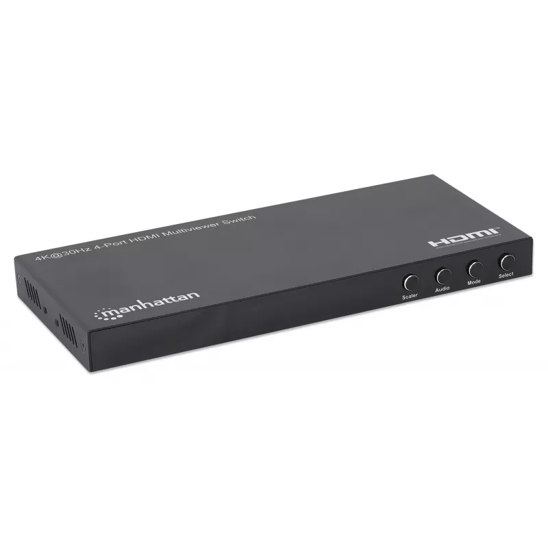 Manhattan 4K 4-Port HDMI Multiviewer Switch, Switch with Four Inputs on One Display, 4k@30Hz, Multiple Viewing Options Including Picture-in-Picture and Dual/Quad Screen, Push Button or Remote Control, 3.5mm and Toslink Audio, Melns, 3 Year Warranty
