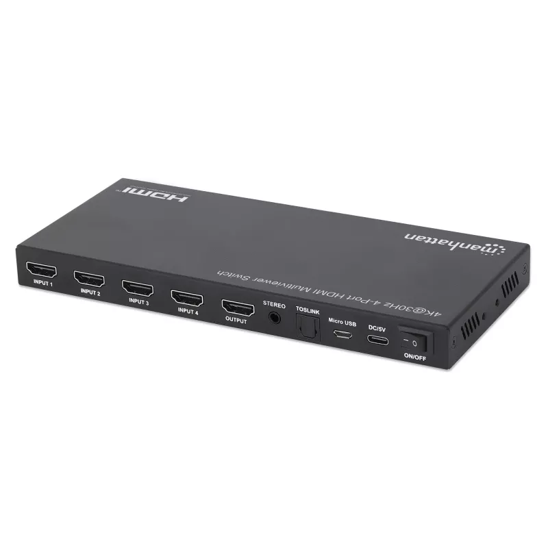 Manhattan 4K 4-Port HDMI Multiviewer Switch, Switch with Four Inputs on One Display, 4k@30Hz, Multiple Viewing Options Including Picture-in-Picture and Dual/Quad Screen, Push Button or Remote Control, 3.5mm and Toslink Audio, Melns, 3 Year Warranty