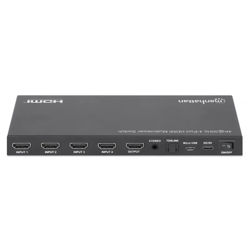 Manhattan 4K 4-Port HDMI Multiviewer Switch, Switch with Four Inputs on One Display, 4k@30Hz, Multiple Viewing Options Including Picture-in-Picture and Dual/Quad Screen, Push Button or Remote Control, 3.5mm and Toslink Audio, Melns, 3 Year Warranty