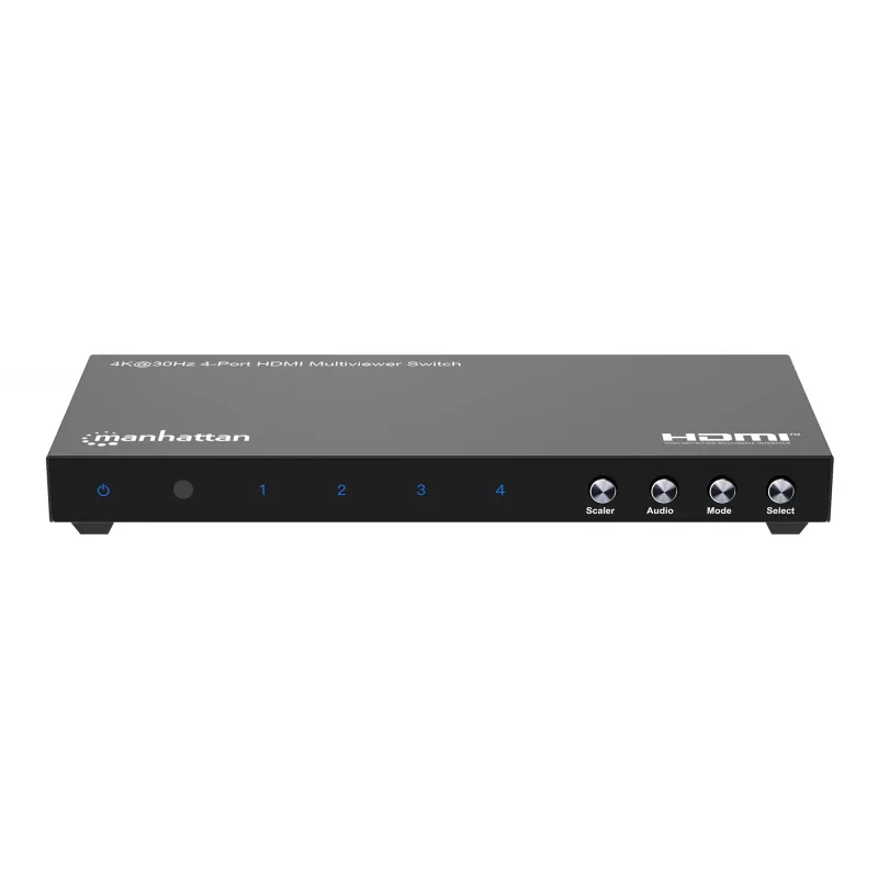 Manhattan 4K 4-Port HDMI Multiviewer Switch, Switch with Four Inputs on One Display, 4k@30Hz, Multiple Viewing Options Including Picture-in-Picture and Dual/Quad Screen, Push Button or Remote Control, 3.5mm and Toslink Audio, Melns, 3 Year Warranty