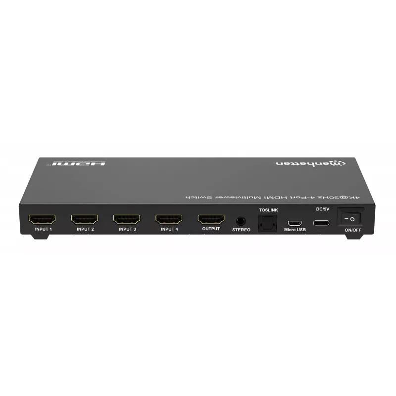 Manhattan 4K 4-Port HDMI Multiviewer Switch, Switch with Four Inputs on One Display, 4k@30Hz, Multiple Viewing Options Including Picture-in-Picture and Dual/Quad Screen, Push Button or Remote Control, 3.5mm and Toslink Audio, Melns, 3 Year Warranty