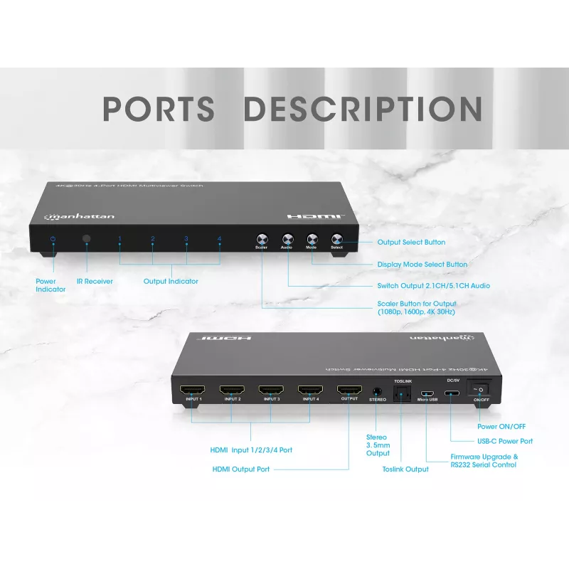 Manhattan 4K 4-Port HDMI Multiviewer Switch, Switch with Four Inputs on One Display, 4k@30Hz, Multiple Viewing Options Including Picture-in-Picture and Dual/Quad Screen, Push Button or Remote Control, 3.5mm and Toslink Audio, Melns, 3 Year Warranty
