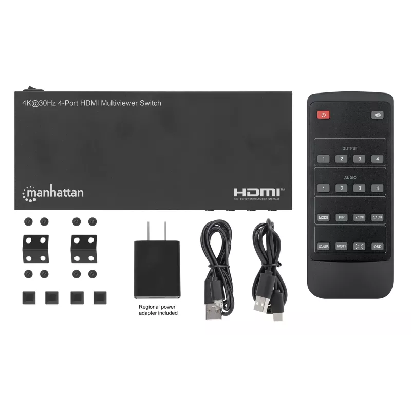 Manhattan 4K 4-Port HDMI Multiviewer Switch, Switch with Four Inputs on One Display, 4k@30Hz, Multiple Viewing Options Including Picture-in-Picture and Dual/Quad Screen, Push Button or Remote Control, 3.5mm and Toslink Audio, Melns, 3 Year Warranty