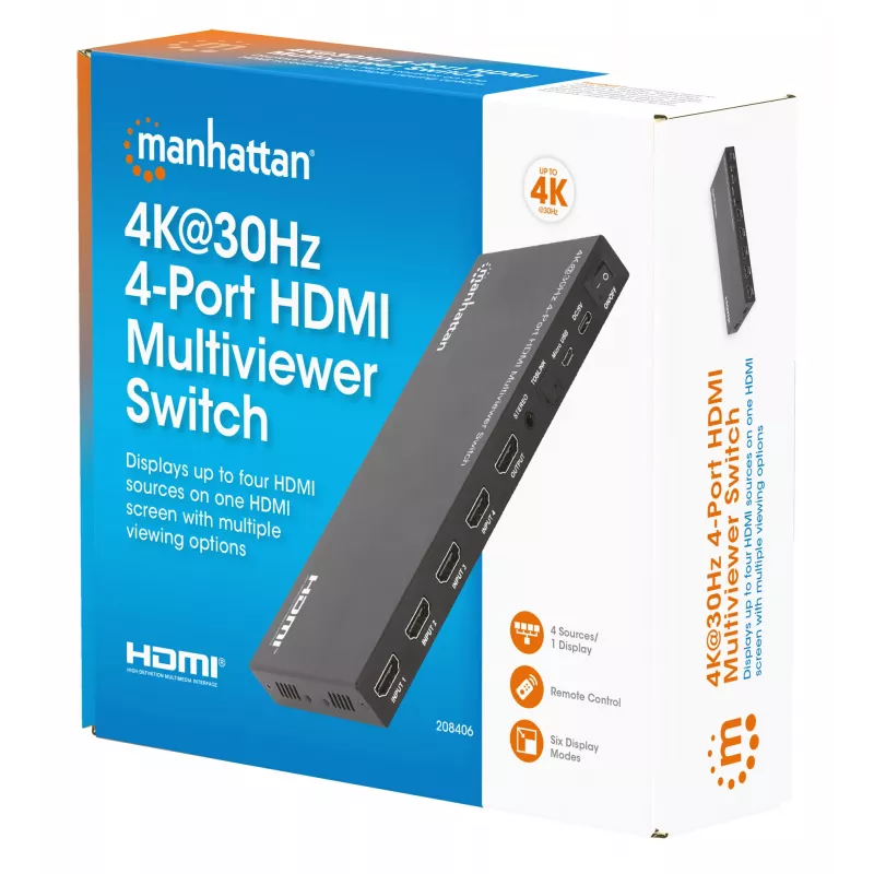 Manhattan 4K 4-Port HDMI Multiviewer Switch, Switch with Four Inputs on One Display, 4k@30Hz, Multiple Viewing Options Including Picture-in-Picture and Dual/Quad Screen, Push Button or Remote Control, 3.5mm and Toslink Audio, Melns, 3 Year Warranty