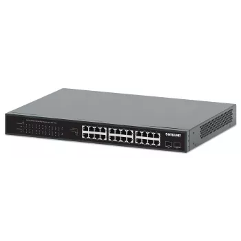 Intellinet 24 portu Gigabit Ethernet PoE+ slēdzis ar 2 SFP portiem, atbilst IEEE 802.3at/af (PoE+/PoE), PoE jaudas budžets 370 W, divi 1G SFP brīvie sloti, 19 collu plaukta stiprinājums