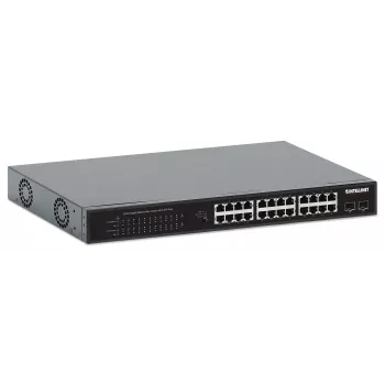 Intellinet 24 portu Gigabit Ethernet PoE+ slēdzis ar 2 SFP portiem, atbilst IEEE 802.3at/af (PoE+/PoE), PoE jaudas budžets 370 W, divi 1G SFP brīvie sloti, 19 collu plaukta stiprinājums