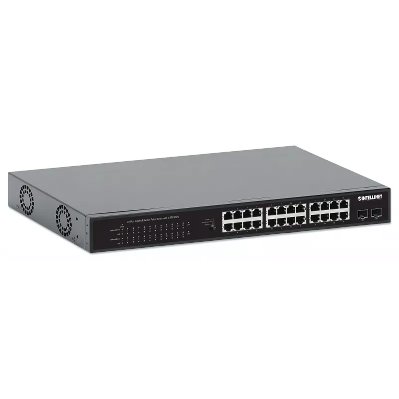Intellinet 24 portu Gigabit Ethernet PoE+ slēdzis ar 2 SFP portiem, atbilst IEEE 802.3at/af (PoE+/PoE), PoE jaudas budžets 370 W, divi 1G SFP brīvie sloti, 19 collu plaukta stiprinājums
