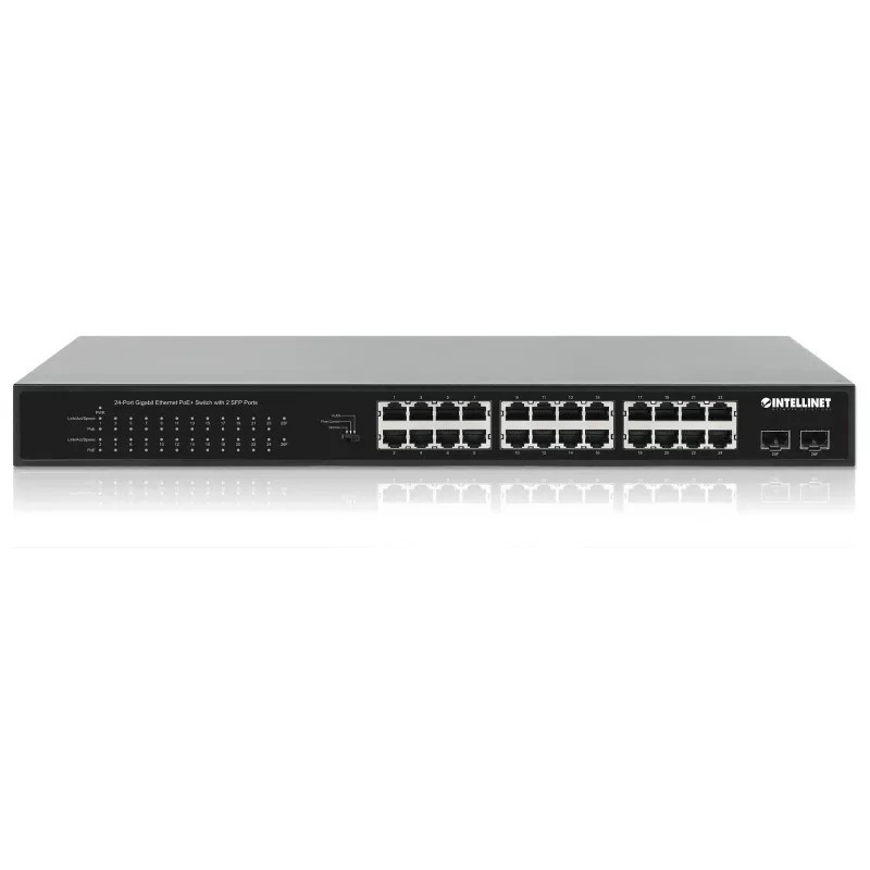 Intellinet 24 portu Gigabit Ethernet PoE+ slēdzis ar 2 SFP portiem, atbilst IEEE 802.3at/af (PoE+/PoE), PoE jaudas budžets 370 W, divi 1G SFP brīvie sloti, 19 collu plaukta stiprinājums