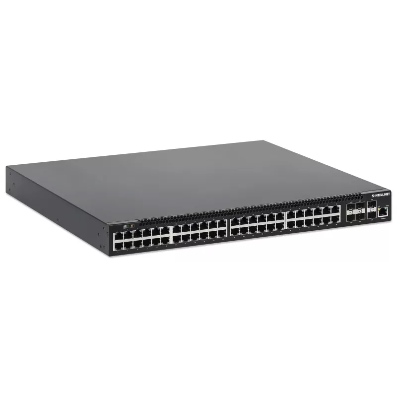 Intellinet 54 portu L3 pilnībā pārvaldāms PoE+ slēdzis ar 48 gigabitu Ethernet portiem un 6 SFP+ augšupsaitēm