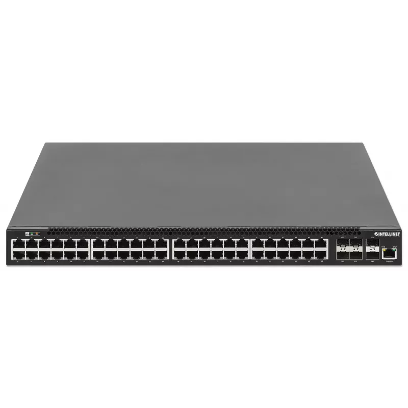 Intellinet 54 portu L3 pilnībā pārvaldāms PoE+ slēdzis ar 48 gigabitu Ethernet portiem un 6 SFP+ augšupsaitēm