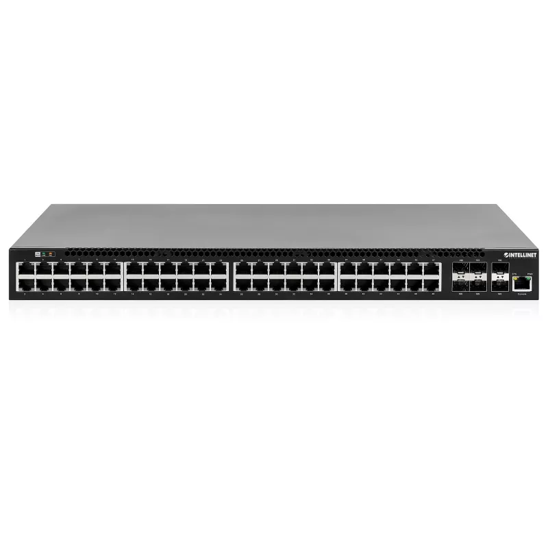 Intellinet 54 portu L3 pilnībā pārvaldāms PoE+ slēdzis ar 48 gigabitu Ethernet portiem un 6 SFP+ augšupsaitēm