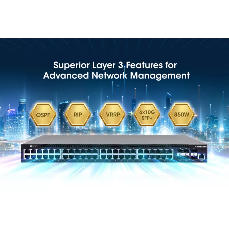 Intellinet 54 portu L3 pilnībā pārvaldāms PoE+ slēdzis ar 48 gigabitu Ethernet portiem un 6 SFP+ augšupsaitēm