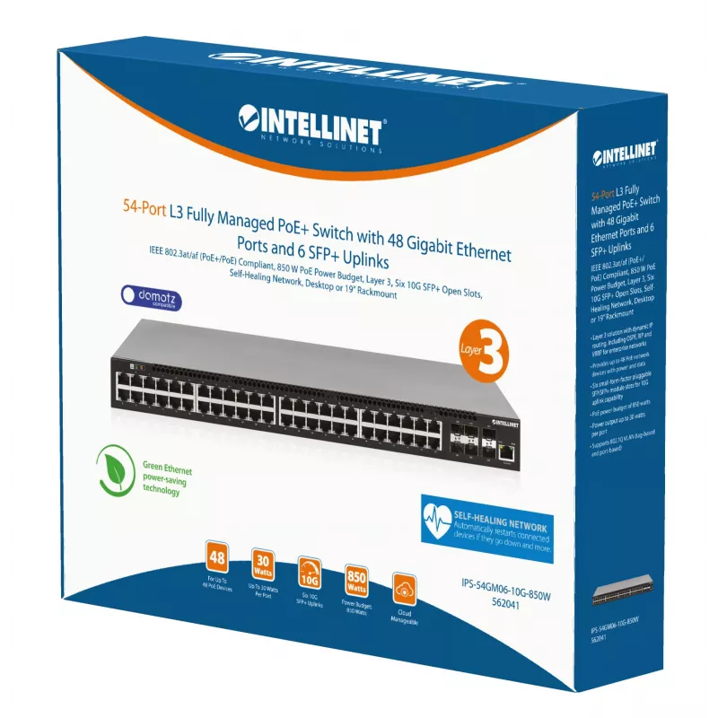 Intellinet 54 portu L3 pilnībā pārvaldāms PoE+ slēdzis ar 48 gigabitu Ethernet portiem un 6 SFP+ augšupsaitēm