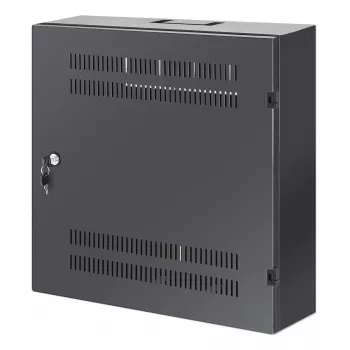 Intellinet zema profila 19 collu sienas montāžas skapis ar 4U horizontālajām un 2U vertikālajām sliedēm, plāns, vietu taupošs korpuss ar tikai 170 mm dziļumu, ideāls AV, multivides un novērošanas lietojumiem, samontēts, melns RAL 7021