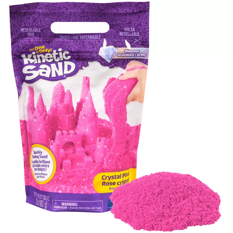 Kinetic Sand, 2 lbs Crystal Pink mirguļojošas veidošanas smiltis (iepakojums var atšķirties), veidojami sensorās rotaļlietas bērniem no 3 gadu vecuma