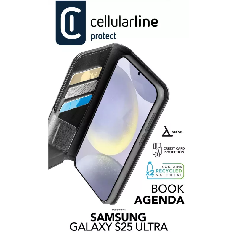 Cellularline Book Agenda - Galaxy S25 Ultra ādas imitācijas grāmatiņas maciņš ar magnētisku aizdari