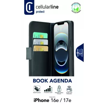 Cellularline Book Agenda - iPhone 16e/17e ādas imitācijas grāmatiņas vāciņš ar magnētisku aizdari