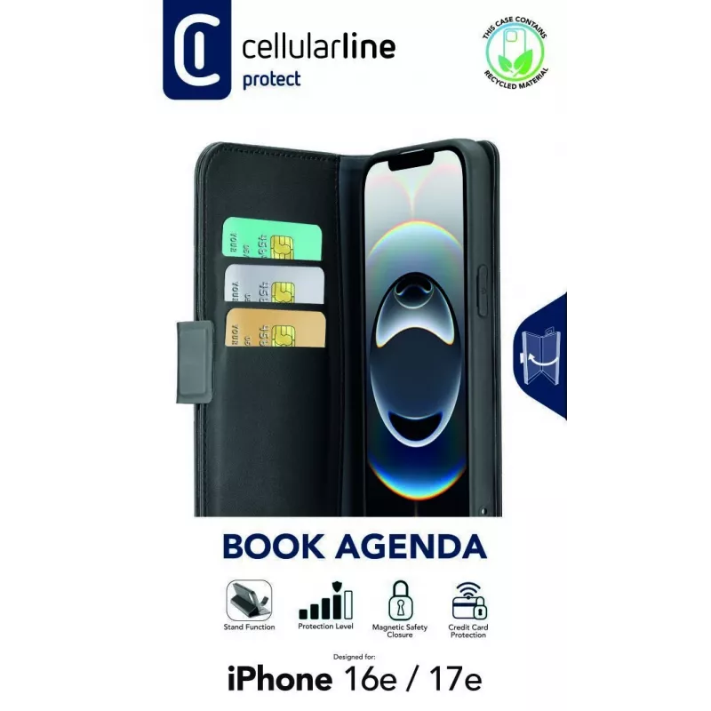 Cellularline Book Agenda - iPhone 16e/17e ādas imitācijas grāmatiņas vāciņš ar magnētisku aizdari
