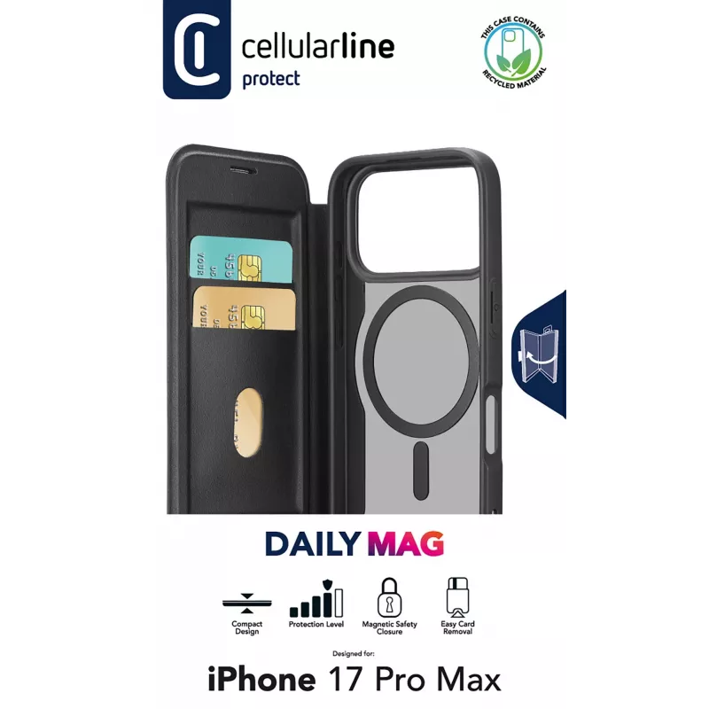 Cellularline Daily Mag - iPhone 17 Pro Max Book cover ar puscaurskatāmu cieto aizmuguri, saderīgs ar Magsafe® ekosistēmu