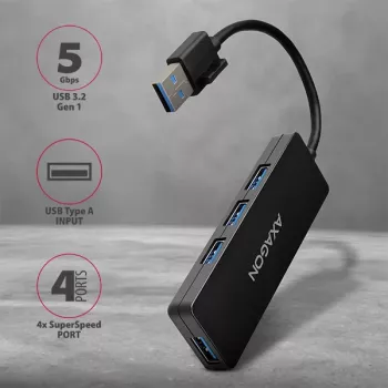 Axagon SuperSpeed USB plāns centrmezgls, USB 3.2 Gen 1 (3.1 Gen 1) Type-A, USB 3.2 Gen 1 (3.1 Gen 1) Type-A, 5000 Mbit/s, melns, plastmasa, 0,14 m