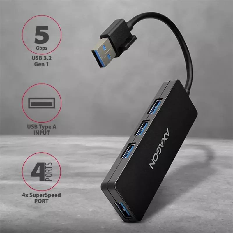 Axagon SuperSpeed USB plāns centrmezgls, USB 3.2 Gen 1 (3.1 Gen 1) Type-A, USB 3.2 Gen 1 (3.1 Gen 1) Type-A, 5000 Mbit/s, melns, plastmasa, 0,14 m