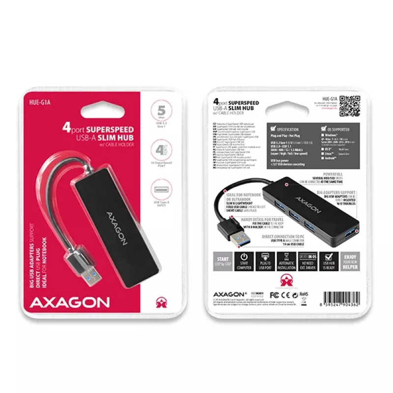 Axagon SuperSpeed USB plāns centrmezgls, USB 3.2 Gen 1 (3.1 Gen 1) Type-A, USB 3.2 Gen 1 (3.1 Gen 1) Type-A, 5000 Mbit/s, melns, plastmasa, 0,14 m