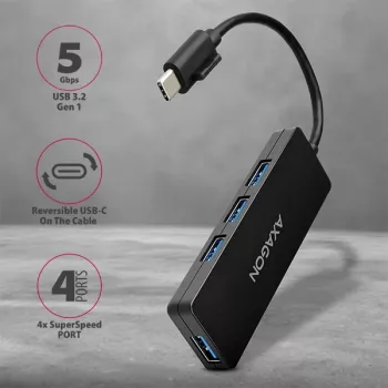 Axagon SuperSpeed USB-C plāns centrmezgls, USB 3.2 Gen 1 (3.1 Gen 1) Type-C, USB 3.2 Gen 1 (3.1 Gen 1) Type-A, 5000 Mbit/s, Melns, Plastmasa, 0,14 m