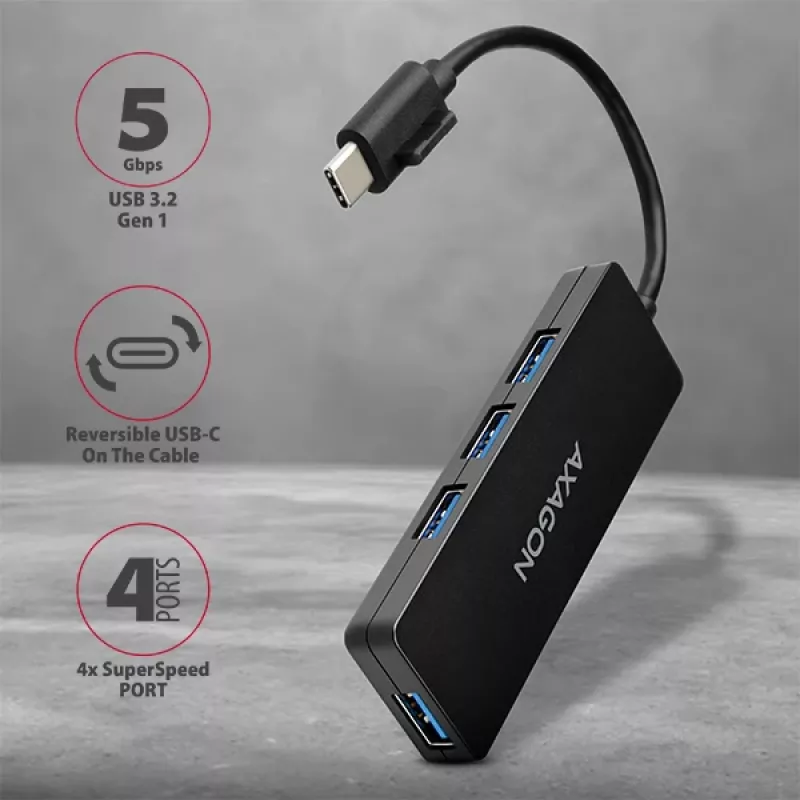 Axagon SuperSpeed USB-C plāns centrmezgls, USB 3.2 Gen 1 (3.1 Gen 1) Type-C, USB 3.2 Gen 1 (3.1 Gen 1) Type-A, 5000 Mbit/s, Melns, Plastmasa, 0,14 m