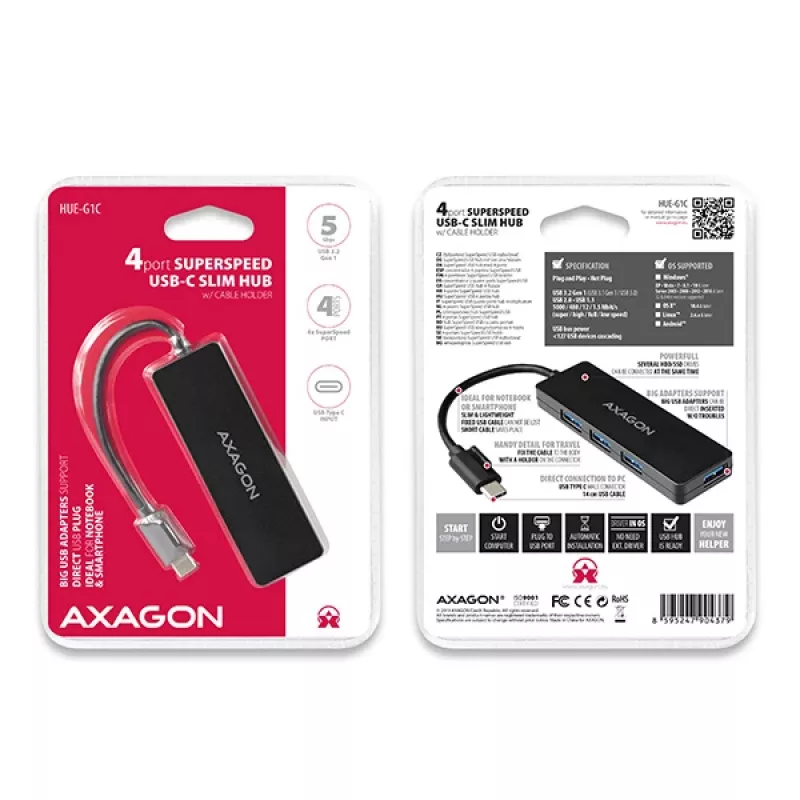 Axagon SuperSpeed USB-C plāns centrmezgls, USB 3.2 Gen 1 (3.1 Gen 1) Type-C, USB 3.2 Gen 1 (3.1 Gen 1) Type-A, 5000 Mbit/s, Melns, Plastmasa, 0,14 m