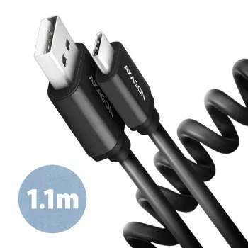 Axagon datu un uzlādes USB 2.0 kabelis, garums 1,1 m, 3A, melns, spirālveida. USB kabelis USB A USB C