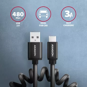 Axagon datu un uzlādes USB 2.0 kabelis, garums 1,1 m, 3A, melns, spirālveida. USB kabelis USB A USB C