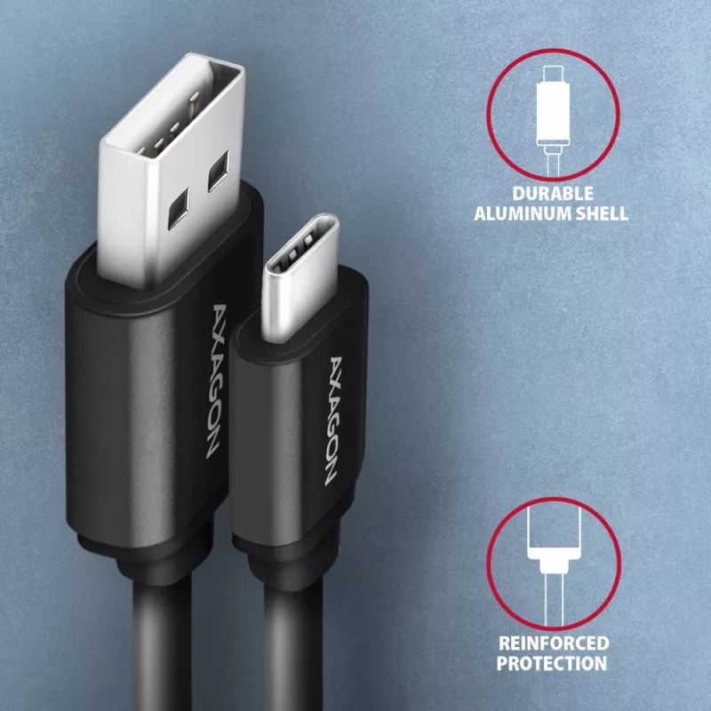 Axagon datu un uzlādes USB 2.0 kabelis, garums 1,1 m, 3A, melns, spirālveida. USB kabelis USB A USB C