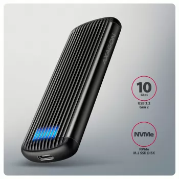 AXAGON EEM2-SC ārējais USB-C 10Gbps bezskrūvju metāla M.2 NVMe SSD korpuss, vienas vietas, pelēks