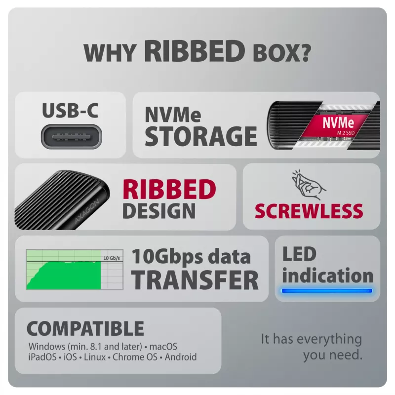 AXAGON EEM2-SC ārējais USB-C 10Gbps bezskrūvju metāla M.2 NVMe SSD korpuss, vienas vietas, pelēks