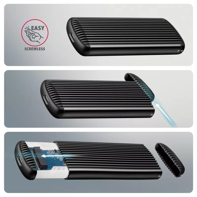 AXAGON EEM2-SC ārējais USB-C 10Gbps bezskrūvju metāla M.2 NVMe SSD korpuss, vienas vietas, pelēks