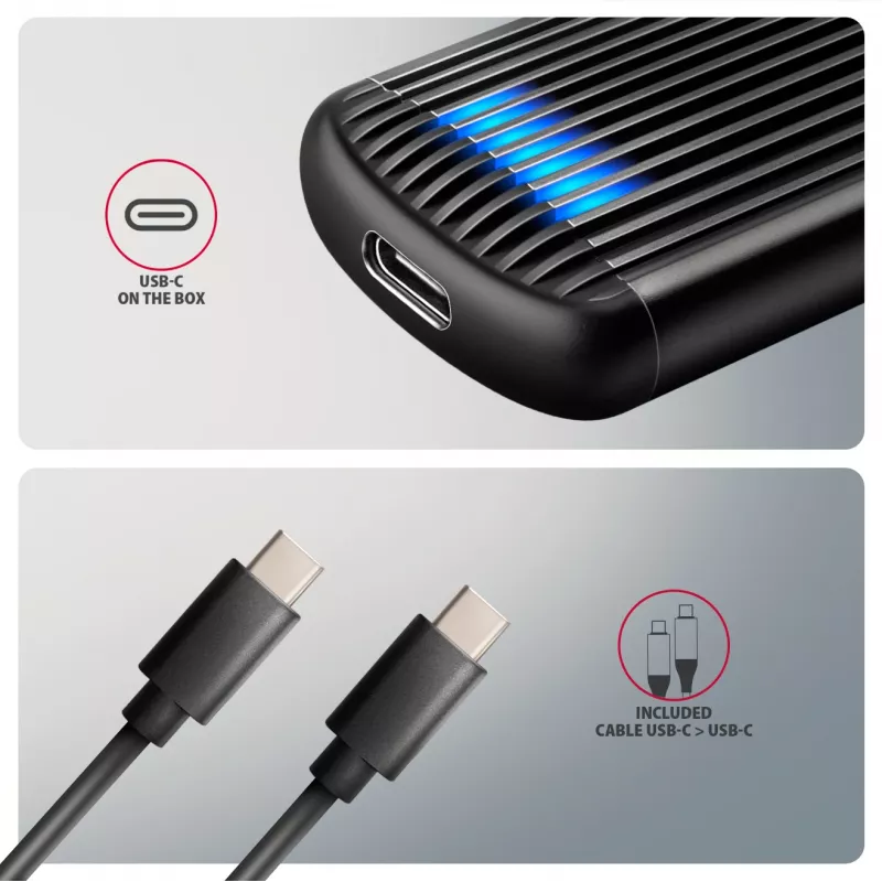 AXAGON EEM2-SC ārējais USB-C 10Gbps bezskrūvju metāla M.2 NVMe SSD korpuss, vienas vietas, pelēks