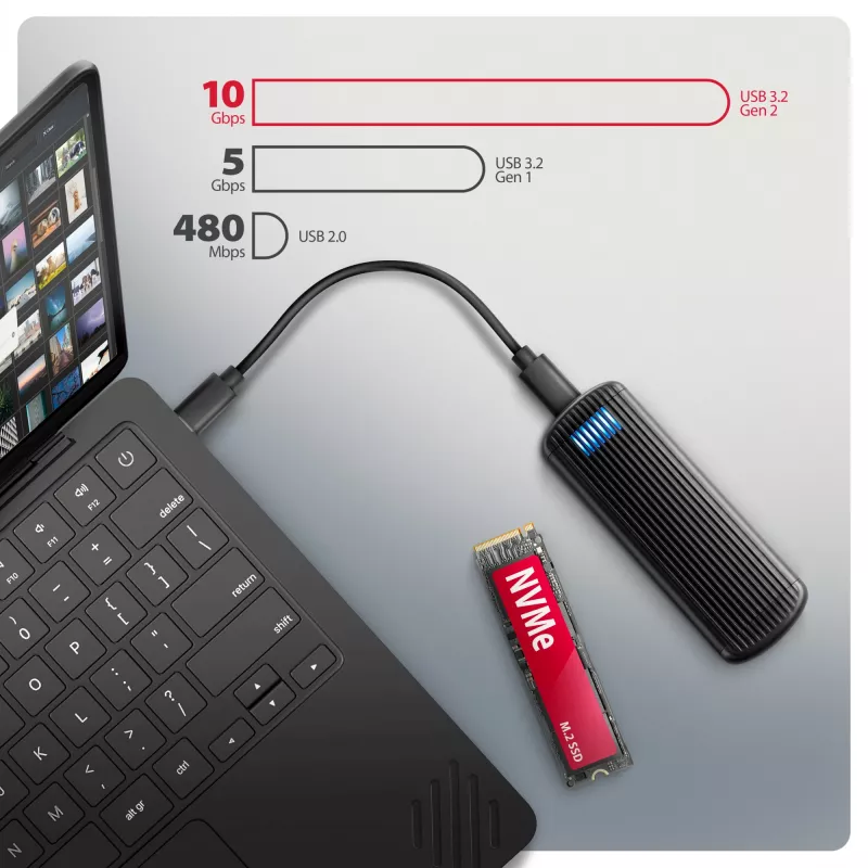 AXAGON EEM2-SC ārējais USB-C 10Gbps bezskrūvju metāla M.2 NVMe SSD korpuss, vienas vietas, pelēks