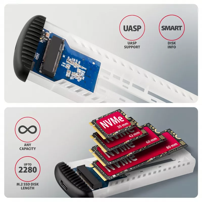 AXAGON EEM2-SC ārējais USB-C 10Gbps bezskrūvju metāla M.2 NVMe SSD korpuss, vienas vietas, pelēks