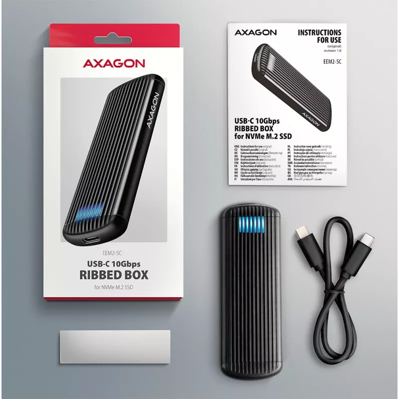 AXAGON EEM2-SC ārējais USB-C 10Gbps bezskrūvju metāla M.2 NVMe SSD korpuss, vienas vietas, pelēks