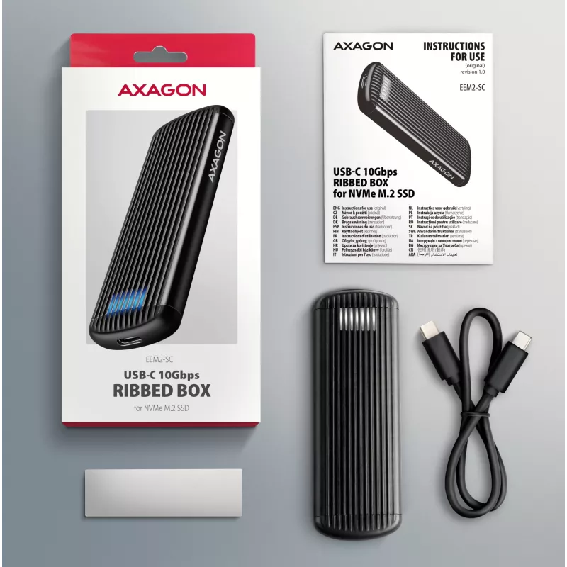 AXAGON EEM2-SC ārējais USB-C 10Gbps bezskrūvju metāla M.2 NVMe SSD korpuss, vienas vietas, pelēks