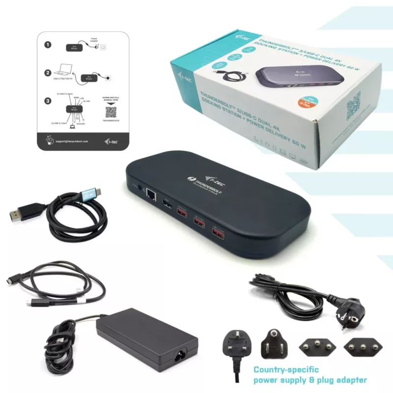 i-tec Thunderbolt 3/USB-C Dual 4K dokstacija + USB-C uz DisplayPort kabelis (1,5 m) + strāvas padeve 60W