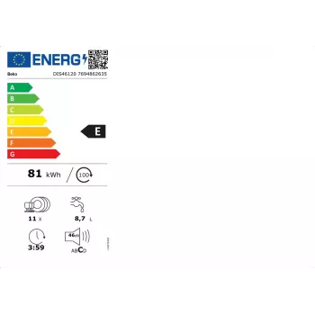 Trauku mazgājamā mašīna BEKO DIS46120 pilnībā iebūvējama šaura 45 cm, 11 galda klājumu, balta, 46 dB, E enerģijas klase