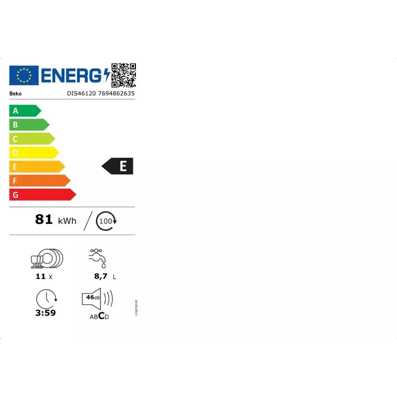 Trauku mazgājamā mašīna BEKO DIS46120 pilnībā iebūvējama šaura 45 cm, 11 galda klājumu, balta, 46 dB, E enerģijas klase