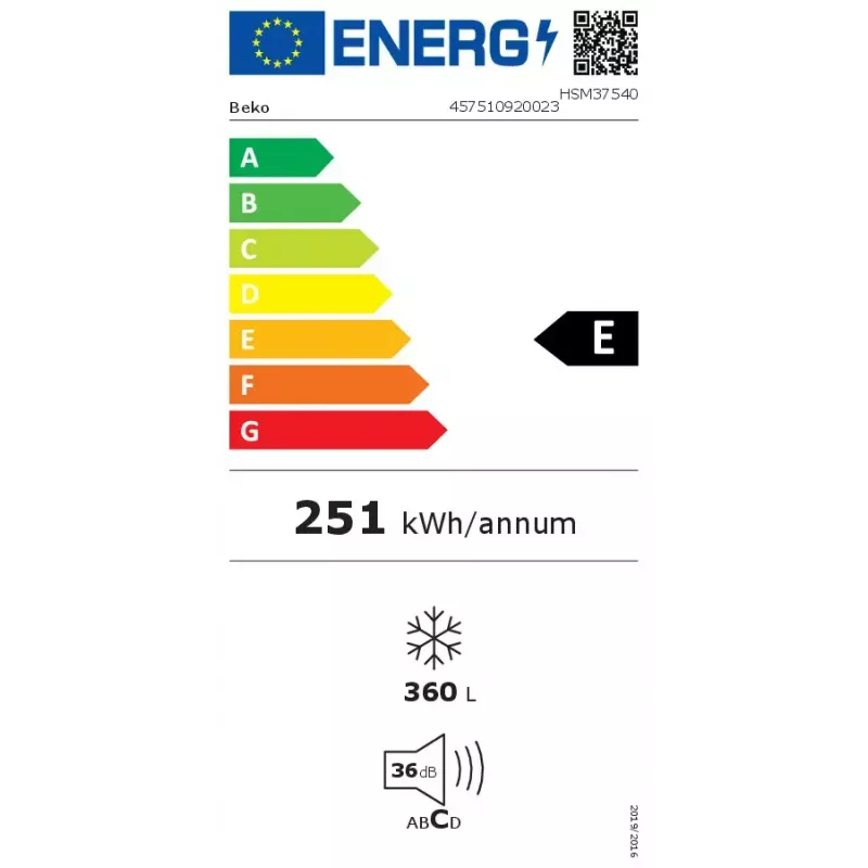 Lādes saldētava BEKO HSM37540 — 360 L ietilpība, 16,3 kg/24h sasaldēšana, 3* uzglabāšana, Klimata klase SN‑T, Balta