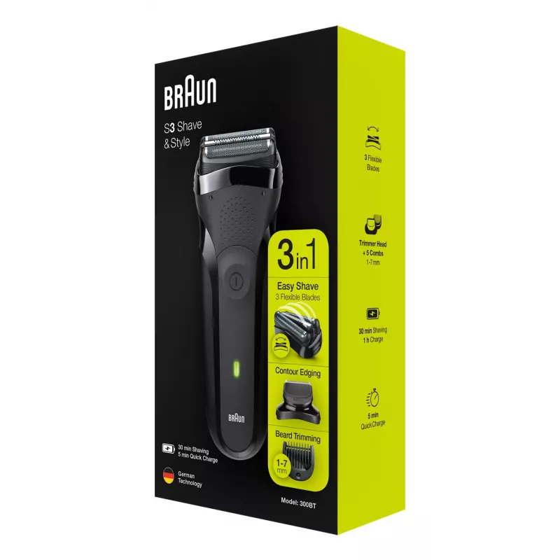 Braun Series 3 300BT bezvada mitrās un sausās skūšanās folijas skuveklis ar trimmeri
