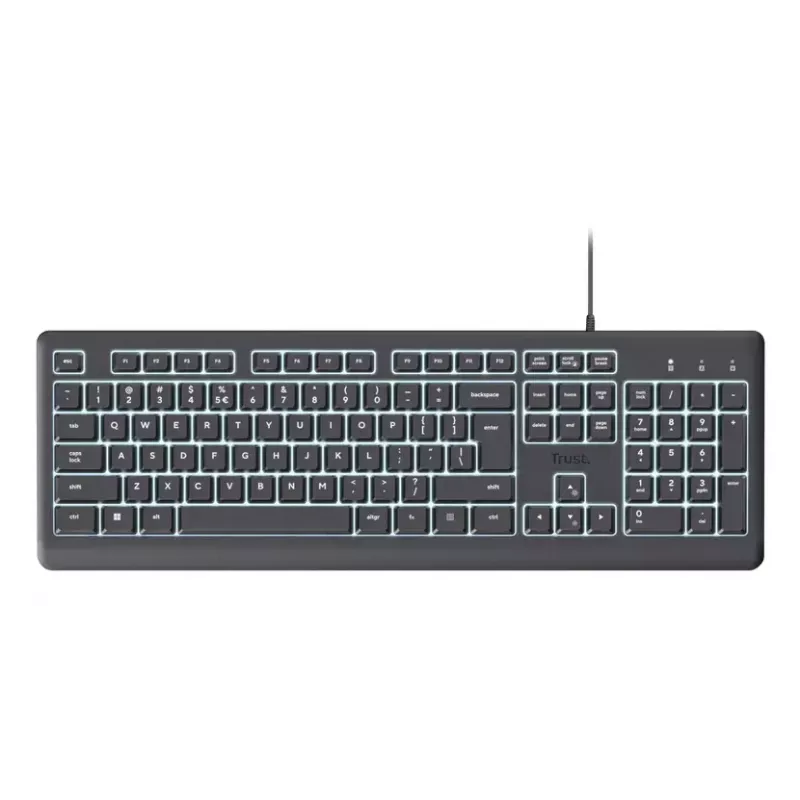 Vadu pilnizmēra klaviatūra TRUST Primo Illuminated USB QWERTZ vācu valodā, 104 taustiņi, melna, 1,8 m kabelis