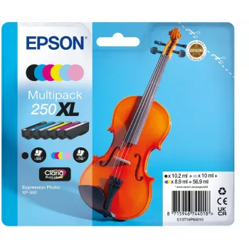 Epson 250XL Violin Claria Photo HD tintes kasetne 6 gab. Oriģināls Augstas (XL) ietilpības Melns, Ciāna, Gaiši ciāna, Gaiši fuksīna, Fuksīna, Dzeltens